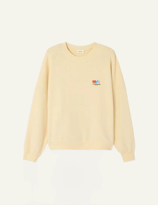 american vintage sweatshirt beige crew neck logo chest front flat view