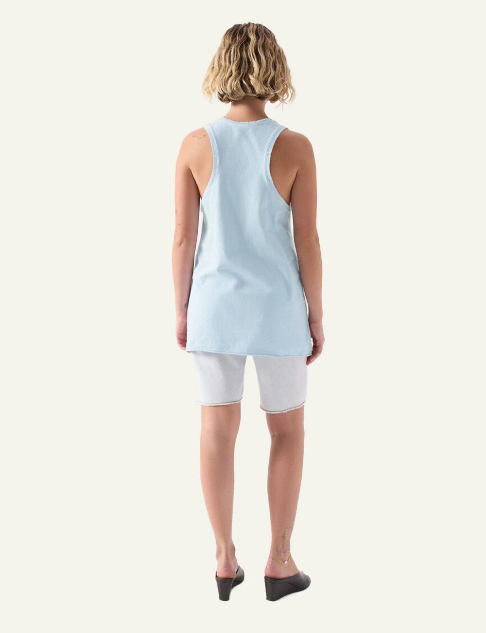 american vintage tank top light blue logo chest front back view