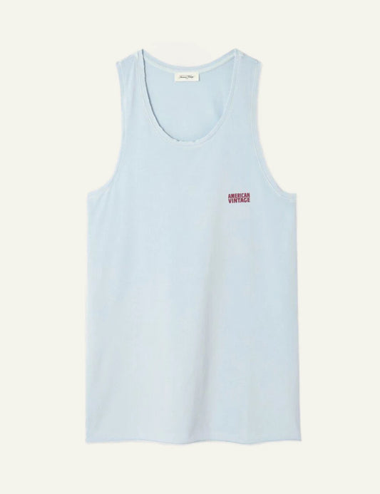 american vintage tank top light blue logo chest front flat view