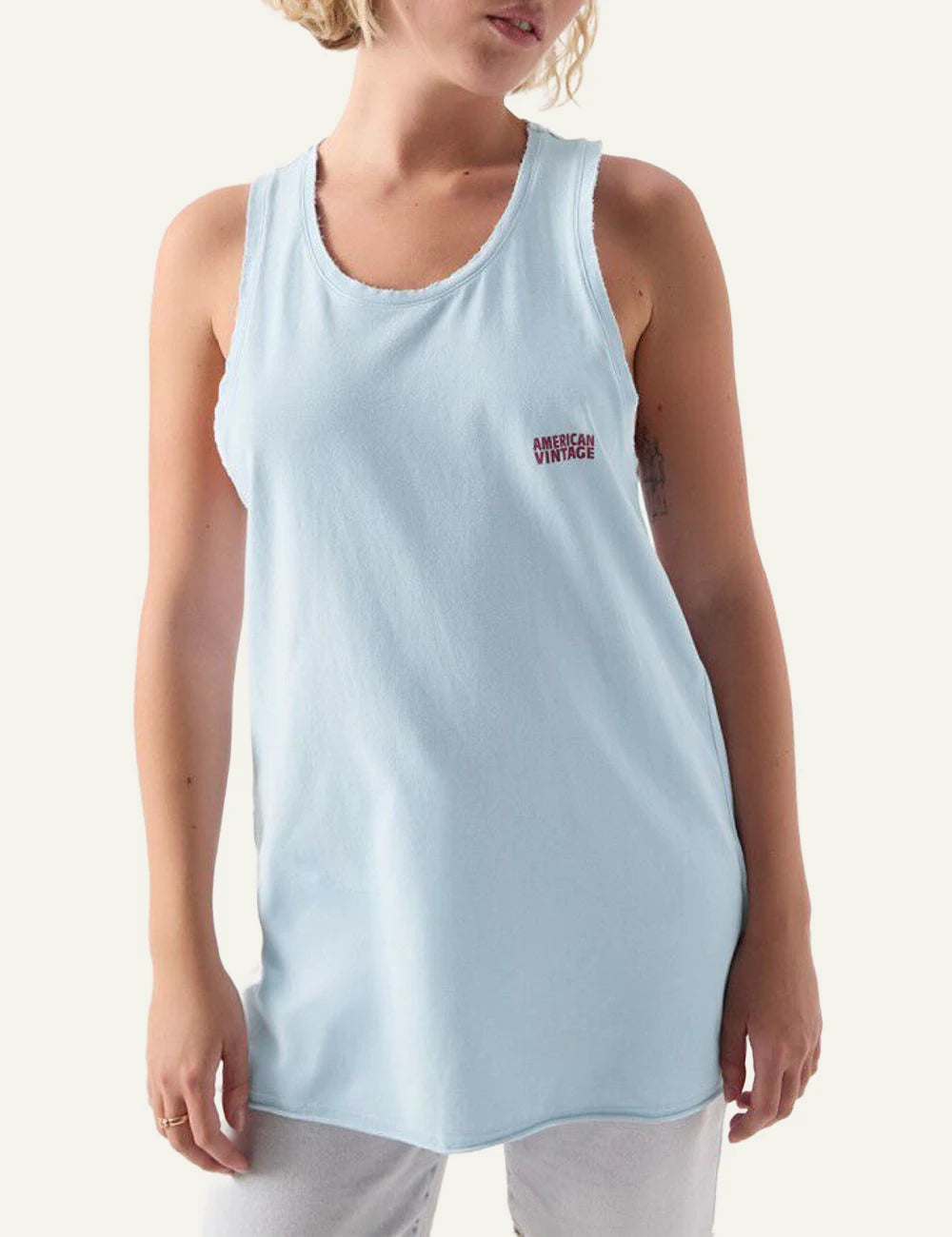 american vintage tank top light blue logo chest front model view