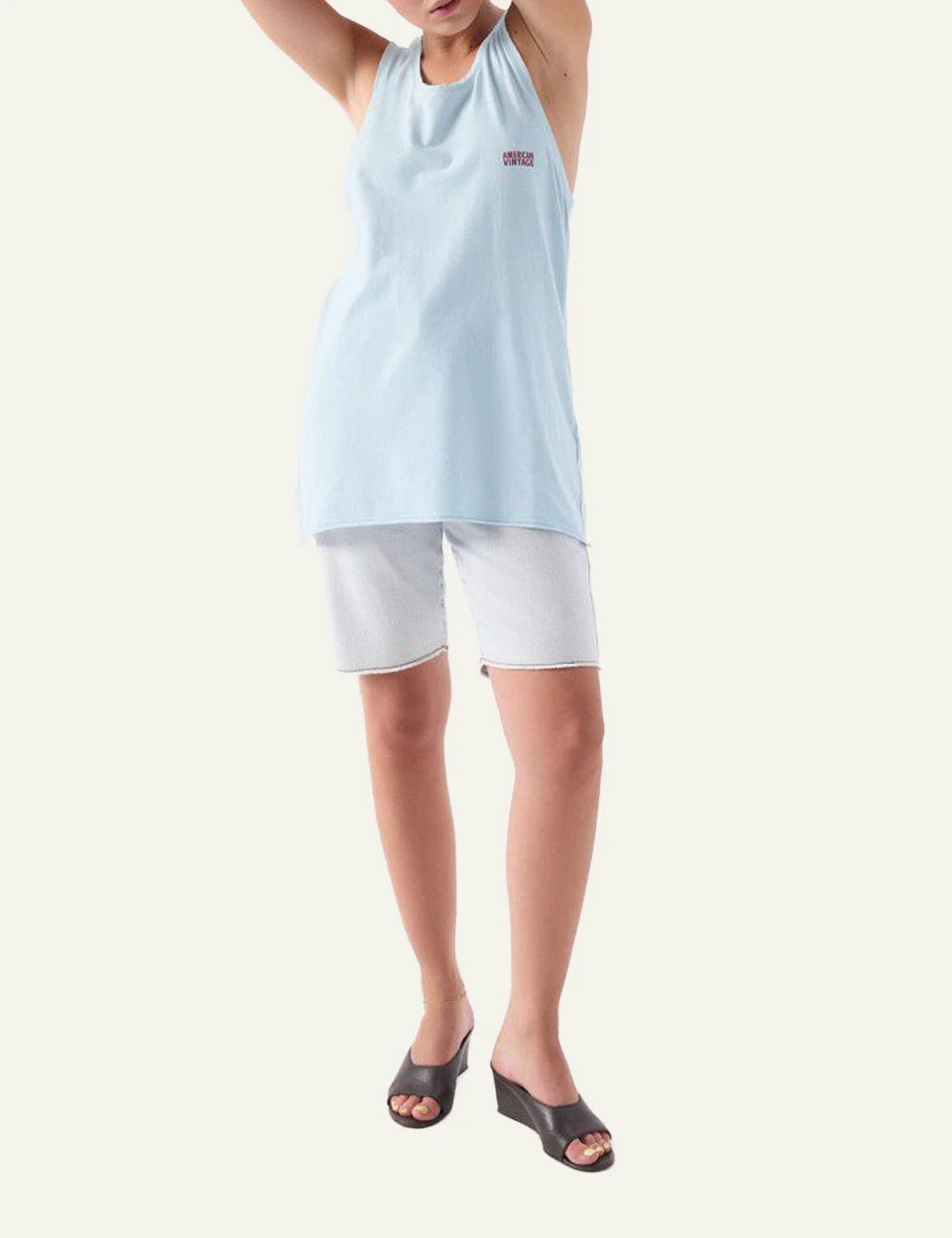 american vintage tank top light blue logo chest front full body view