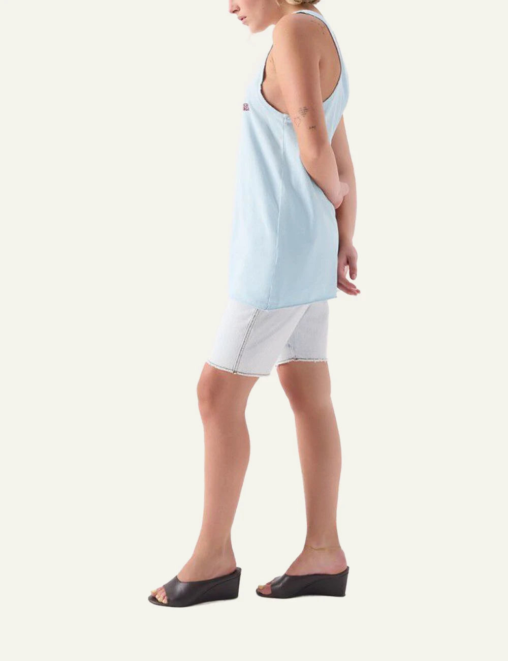 american vintage tank top light blue logo chest side view