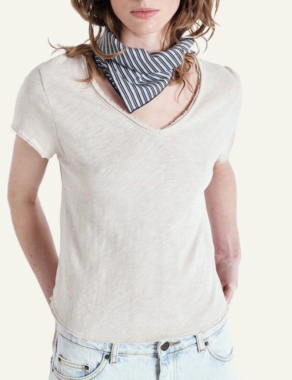 American Vintage t-shirt beige v-neck short sleeve front model view