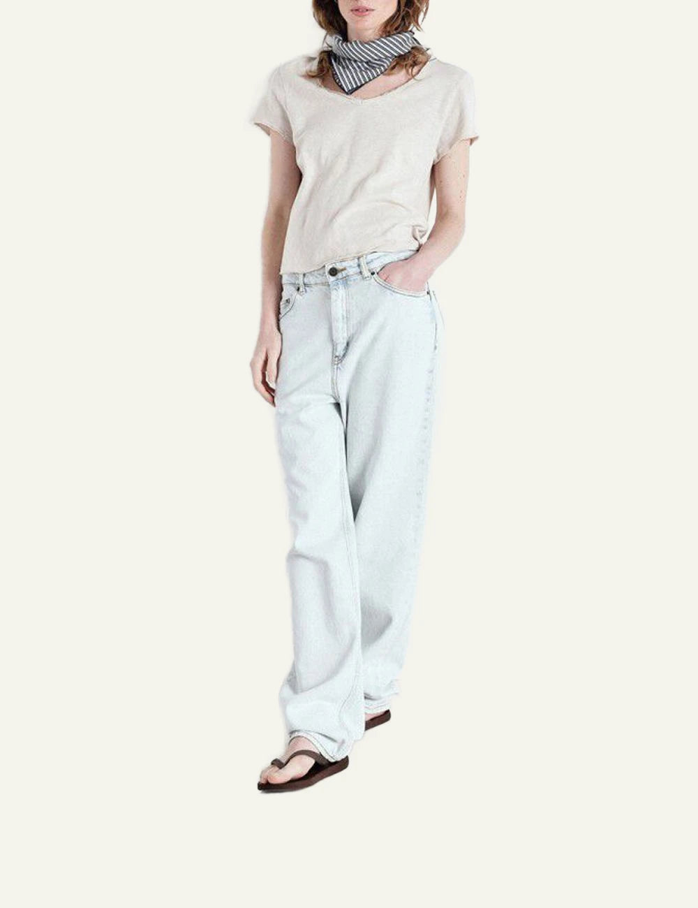 American Vintage t-shirt beige v-neck short sleeve front full body view
