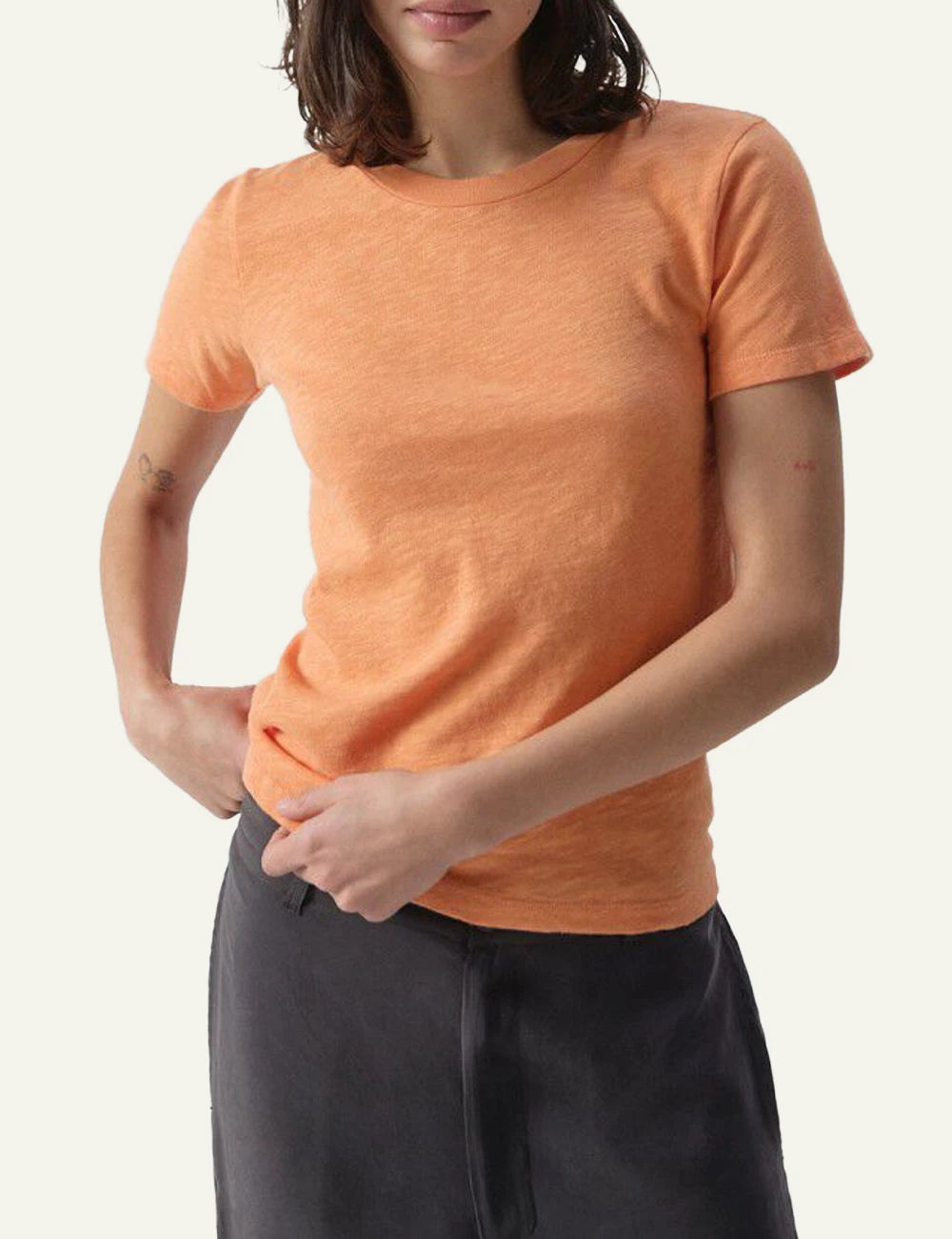 American Vintage t-shirt bright orange short sleeve front model view
