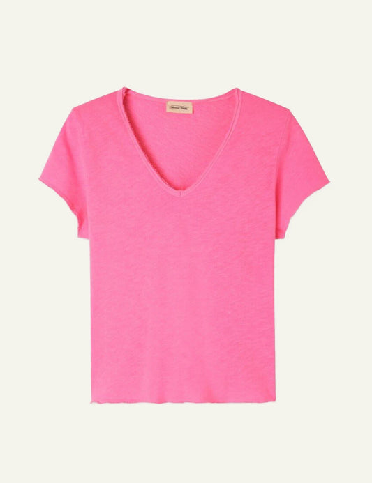 American Vintage t-shirt bright pink v-neck short sleeve front flat view