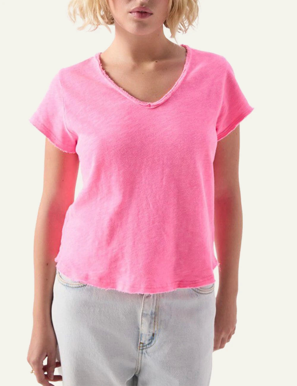 American Vintage t-shirt bright pink v-neck short sleeve front model view