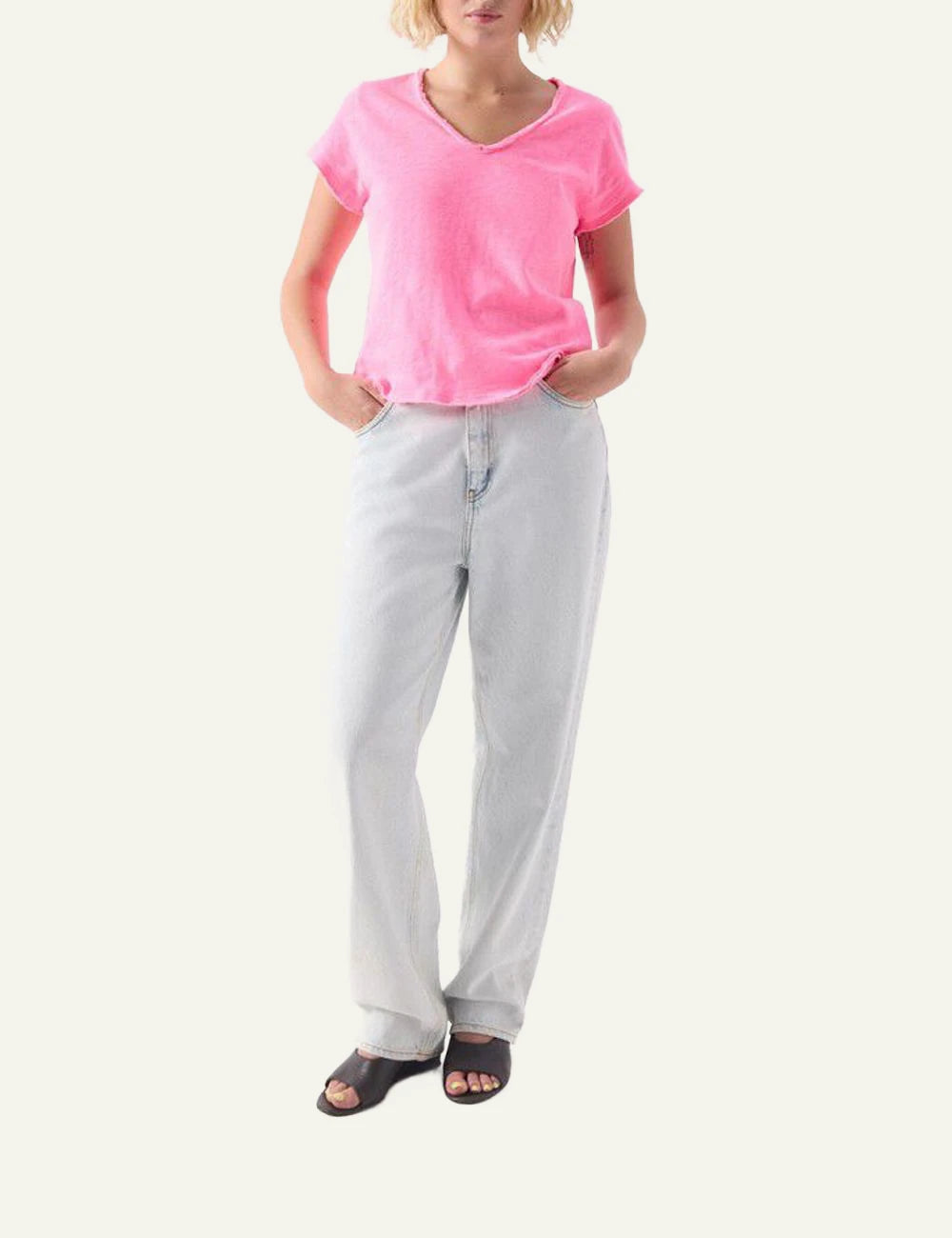American Vintage t-shirt bright pink v-neck short sleeve front full body view