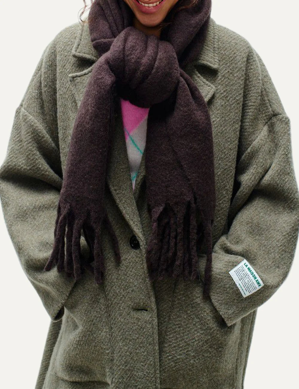 American Vintage unisex dark brown soft fringed scarf model