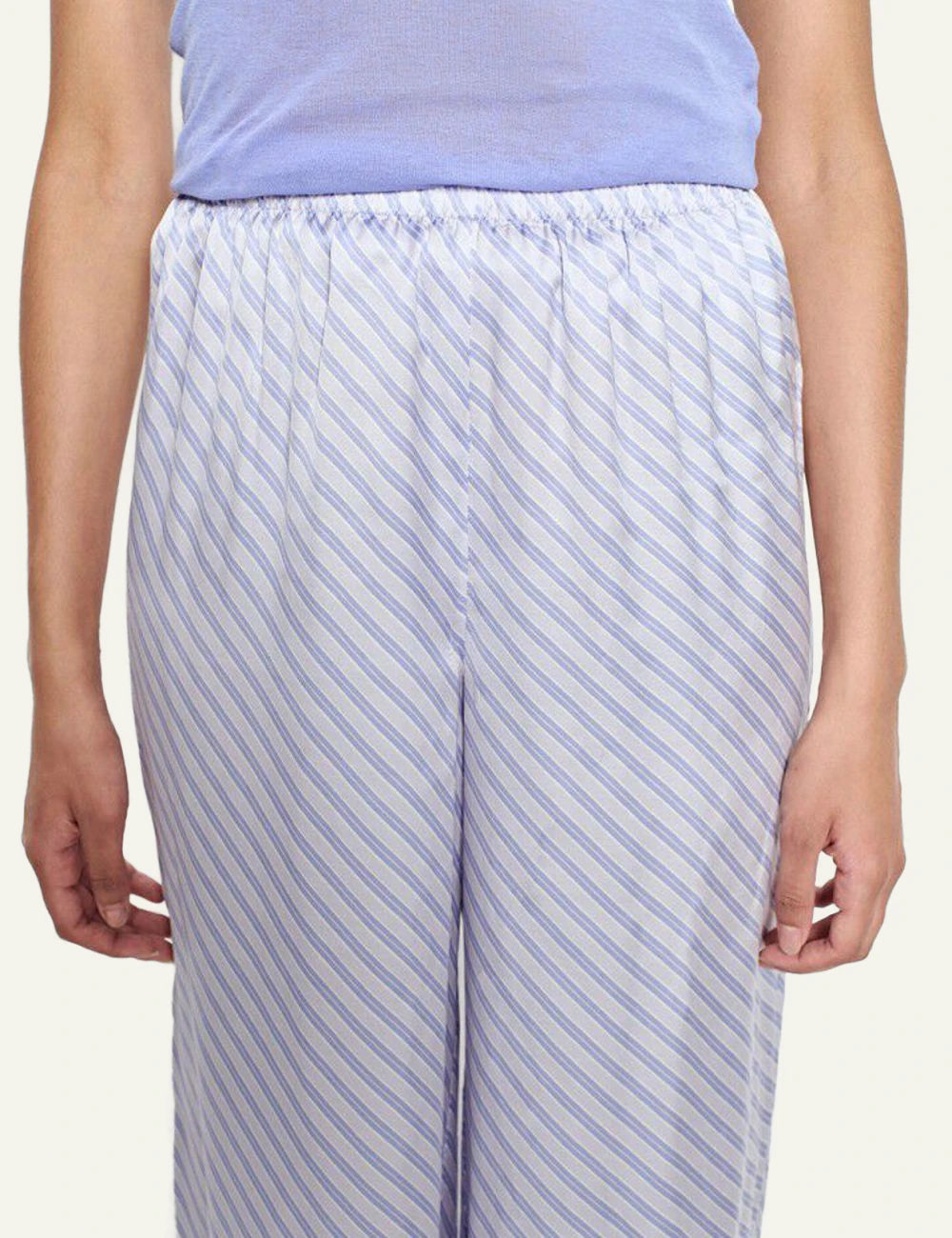 american vintage wide leg pants blue stripe elastic waist front detail view