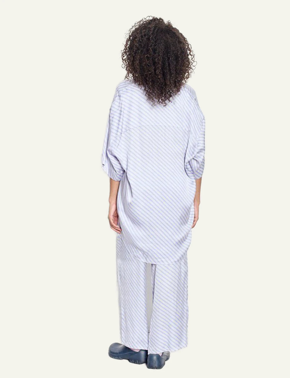 american vintage wide leg pants blue stripe elastic waist back view