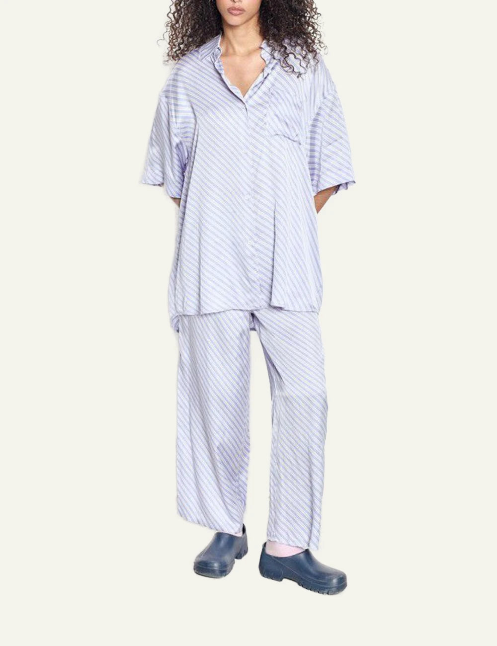 american vintage wide leg pants blue stripe elastic waist front full body view