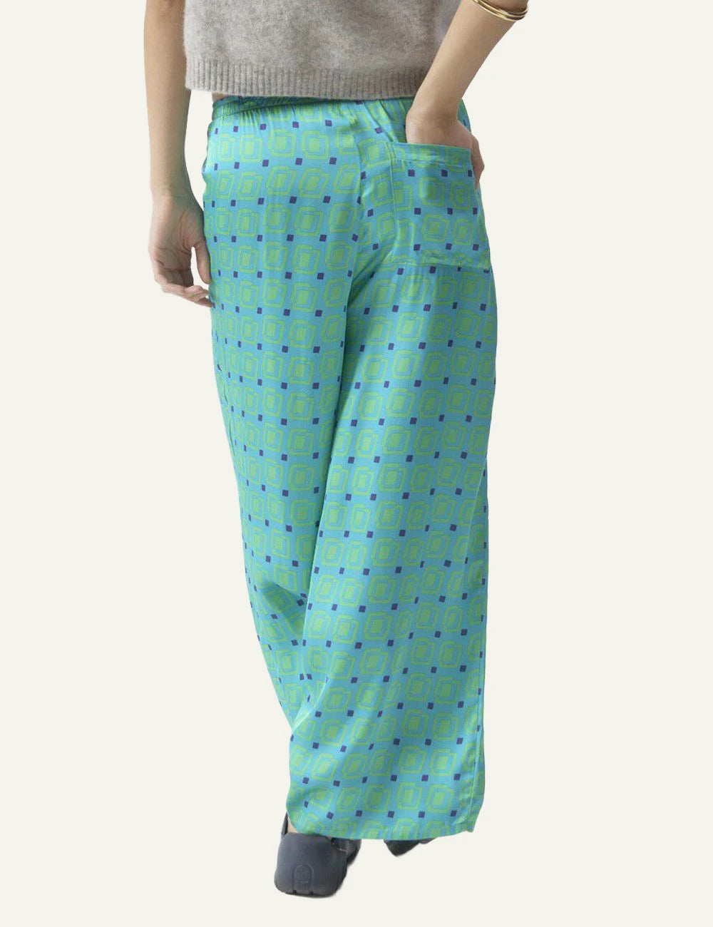 american vintage wide leg pants green geometric print elastic waist back detail view