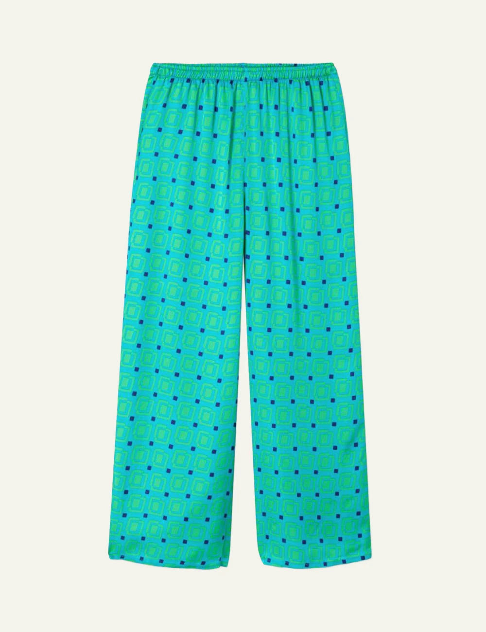american vintage wide leg pants green geometric print elastic waist front flat view