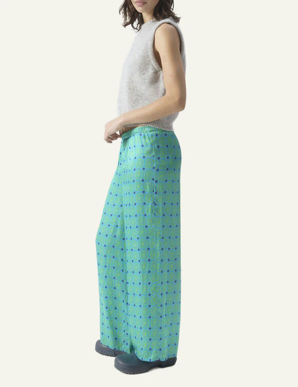 american vintage wide leg pants green geometric print elastic waist side view