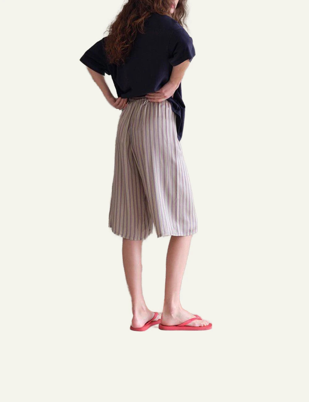 american vintage wide leg pants pink stripe elastic waist back view