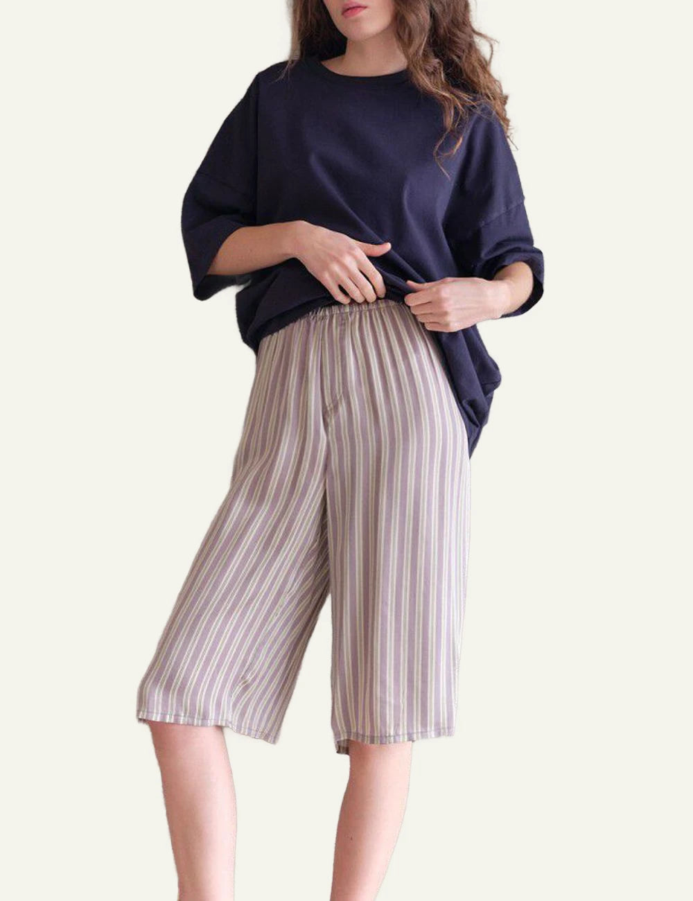 american vintage wide leg pants pink stripe elastic waist front full body view