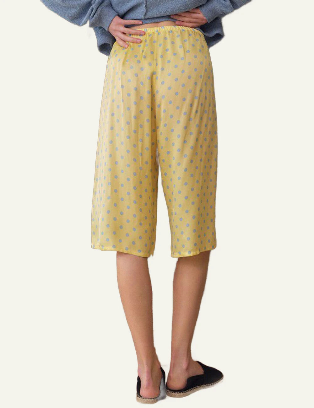 american vintage wide leg pants yellow polka dot elastic waist back view