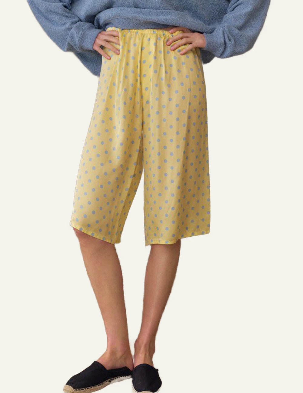 american vintage wide leg pants yellow polka dot elastic waist front model view