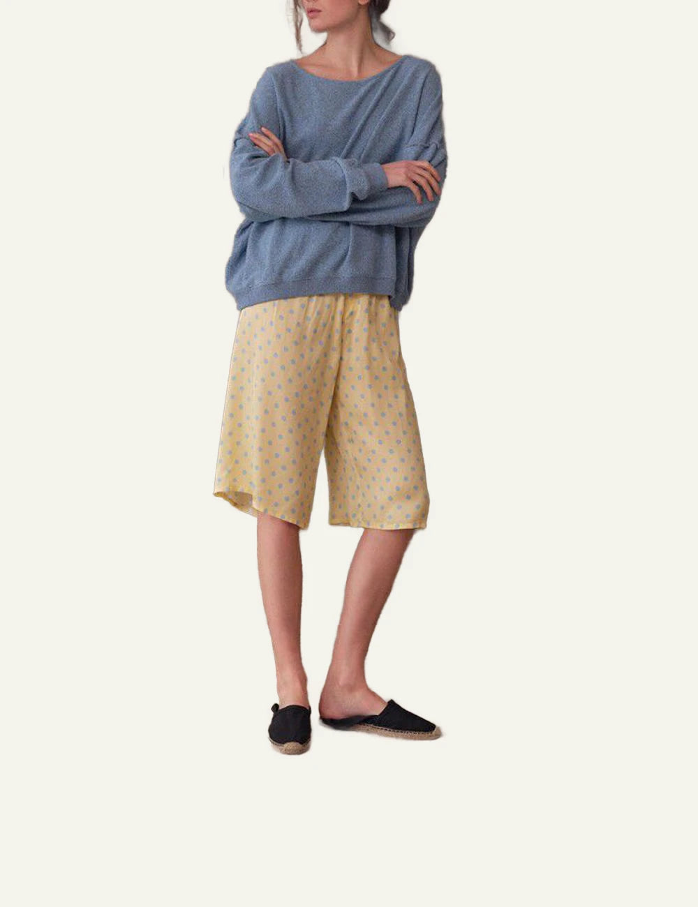 american vintage wide leg pants yellow polka dot elastic waist front full body view