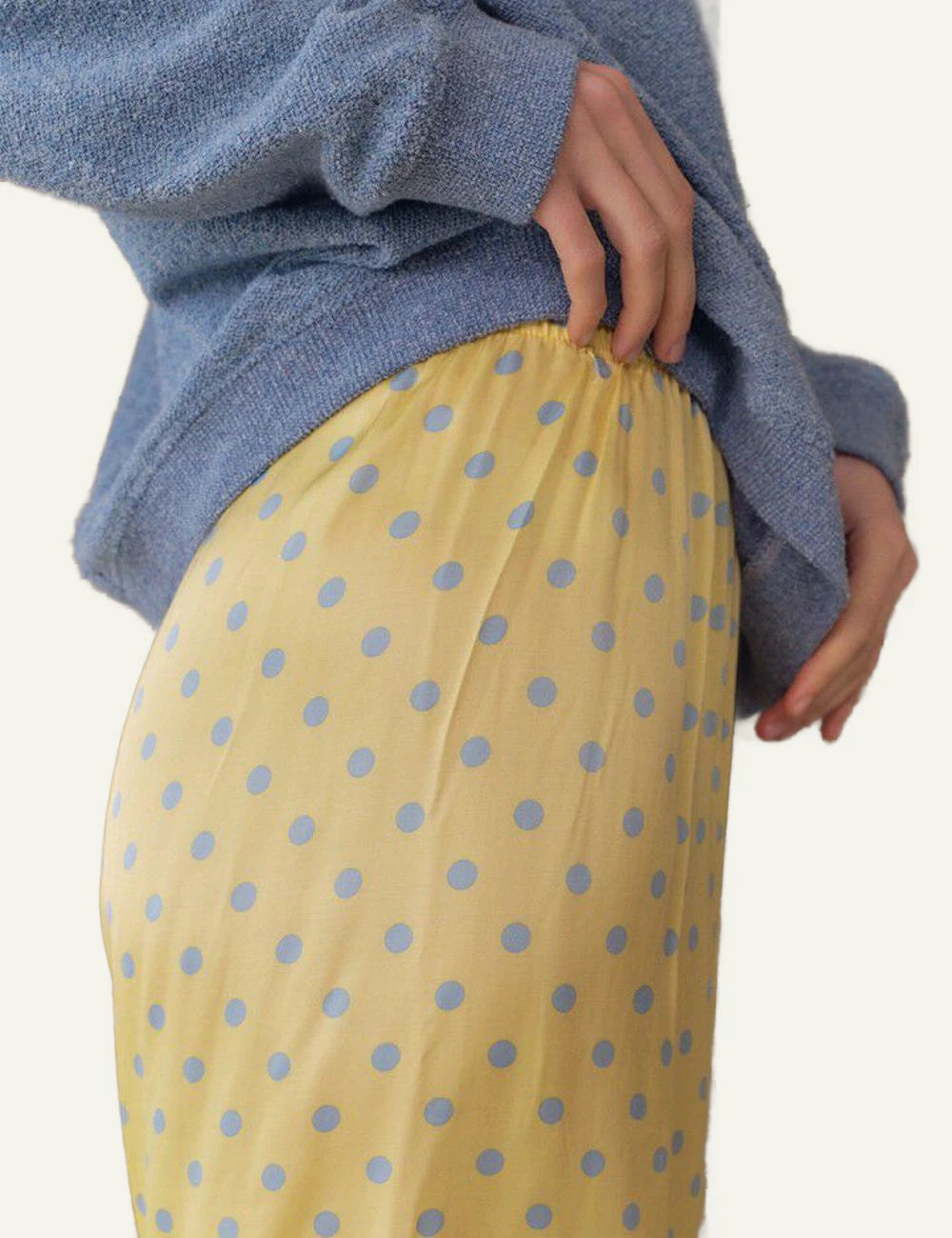 american vintage wide leg pants yellow polka dot elastic waist side view