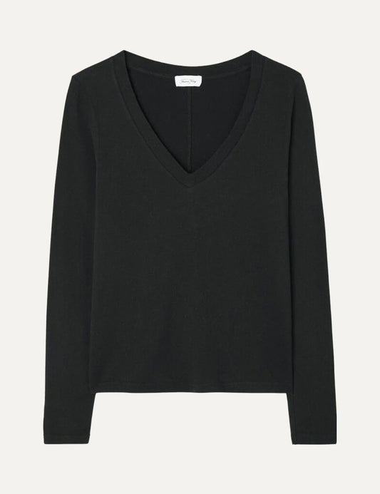 American Vintage women's black cotton long sleeve V-neck T-shirt