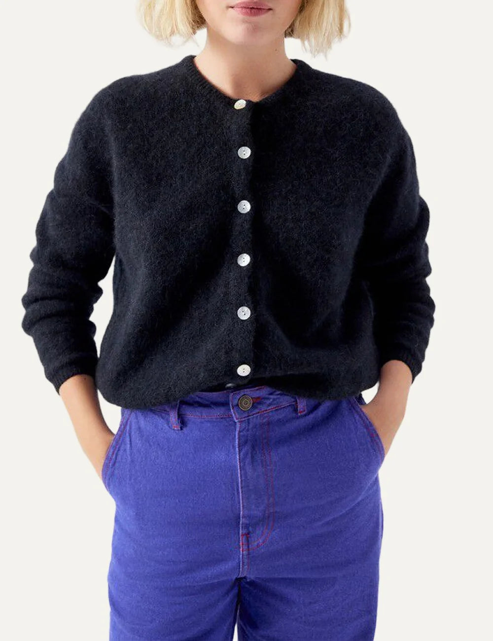 American Vintage women's black fluffy knit cardigan model