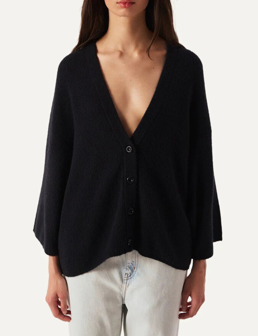 American Vintage women's black knit cardigan with V-neck and button closure model