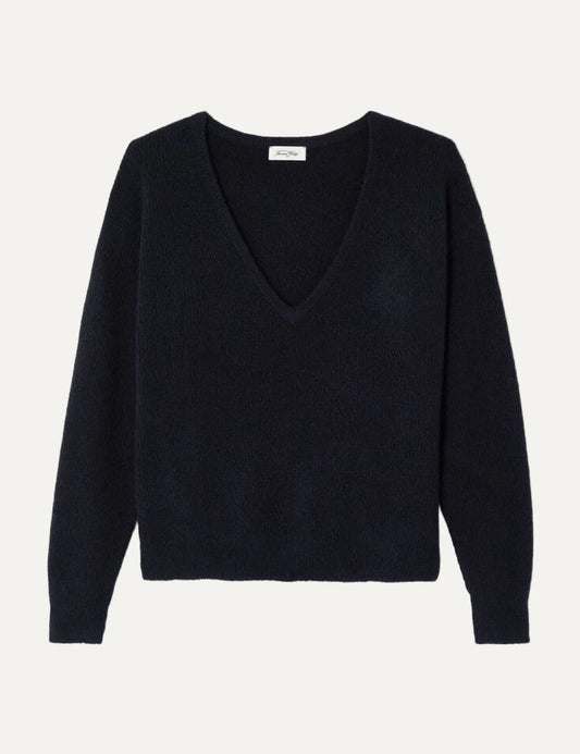 American Vintage women's black knit sweater with V-neck and long sleeves