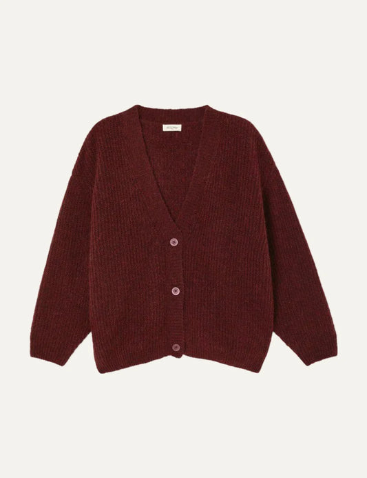 American Vintage women's burgundy melange knit cardigan with V-neck and buttons