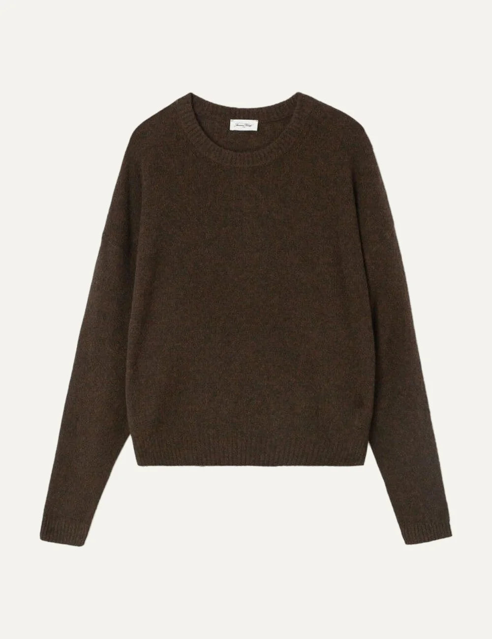 American Vintage women's dark brown melange soft knit sweater with round neck and bubble sleeves