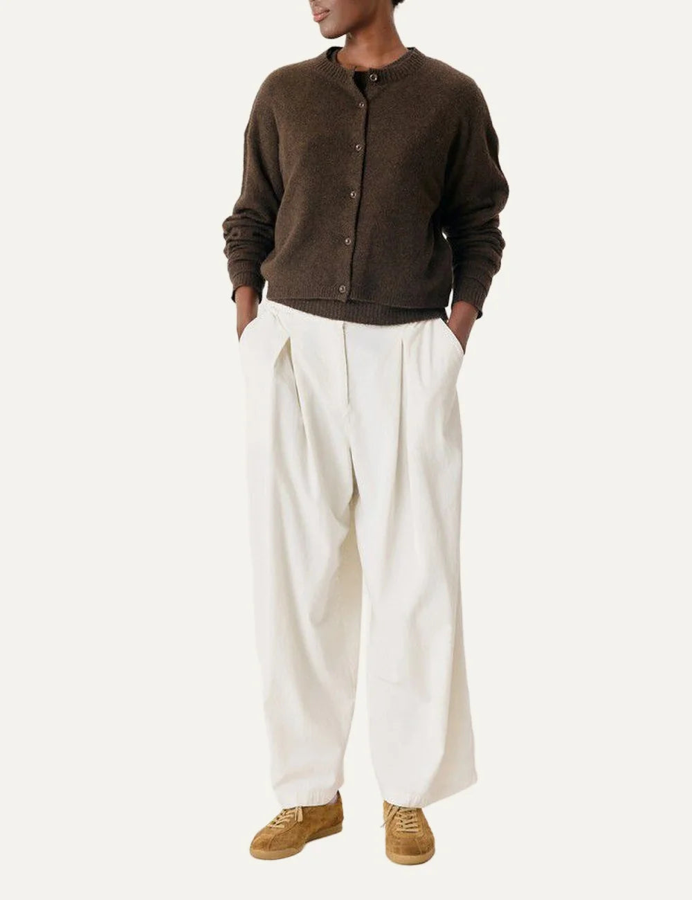 American Vintage women's dark brown melange soft knit cardigan with button fastening full body