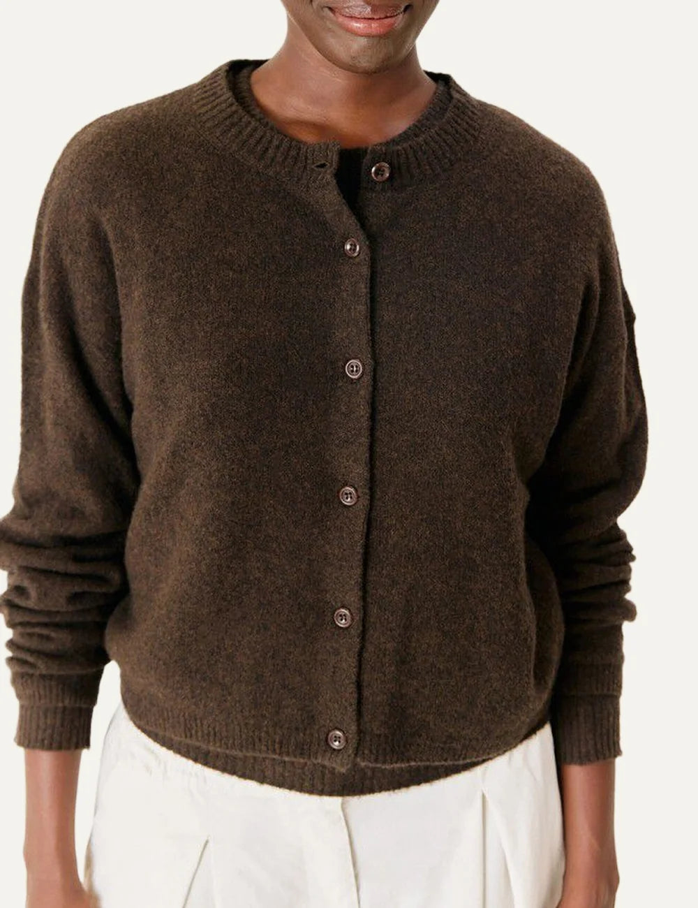 American Vintage women's dark brown melange soft knit cardigan with button fastening model