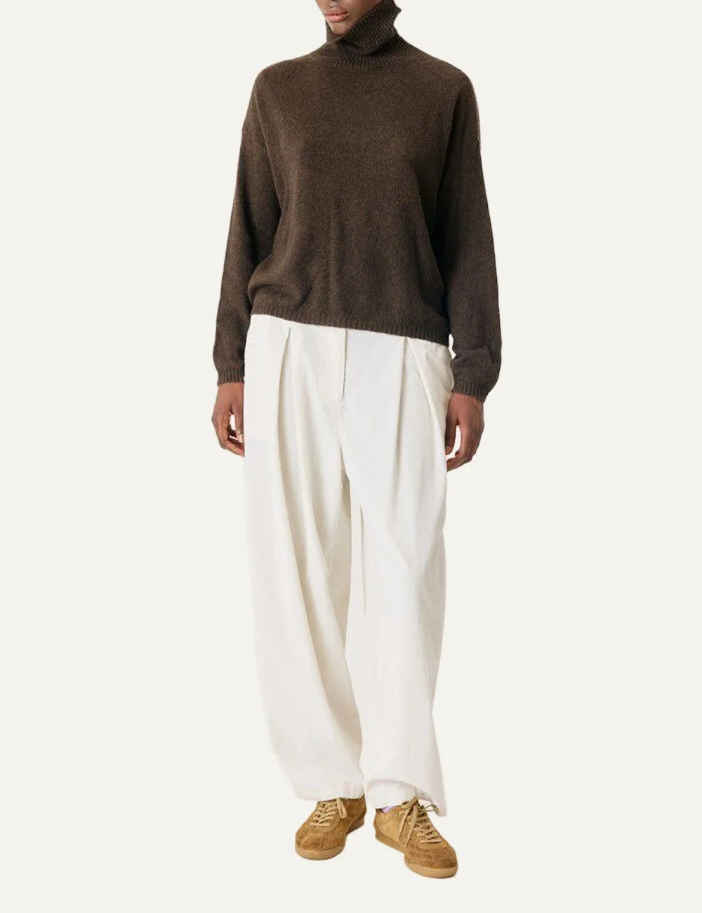 American Vintage women's dark brown melange turtleneck knit sweater with loose fit full body