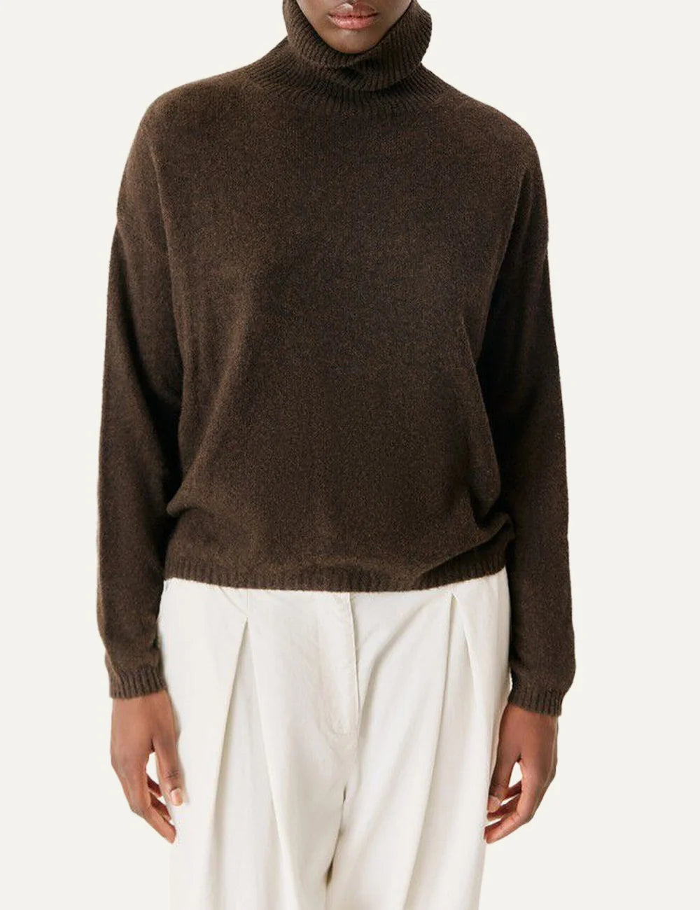 American Vintage women's dark brown melange turtleneck knit sweater with loose fit model