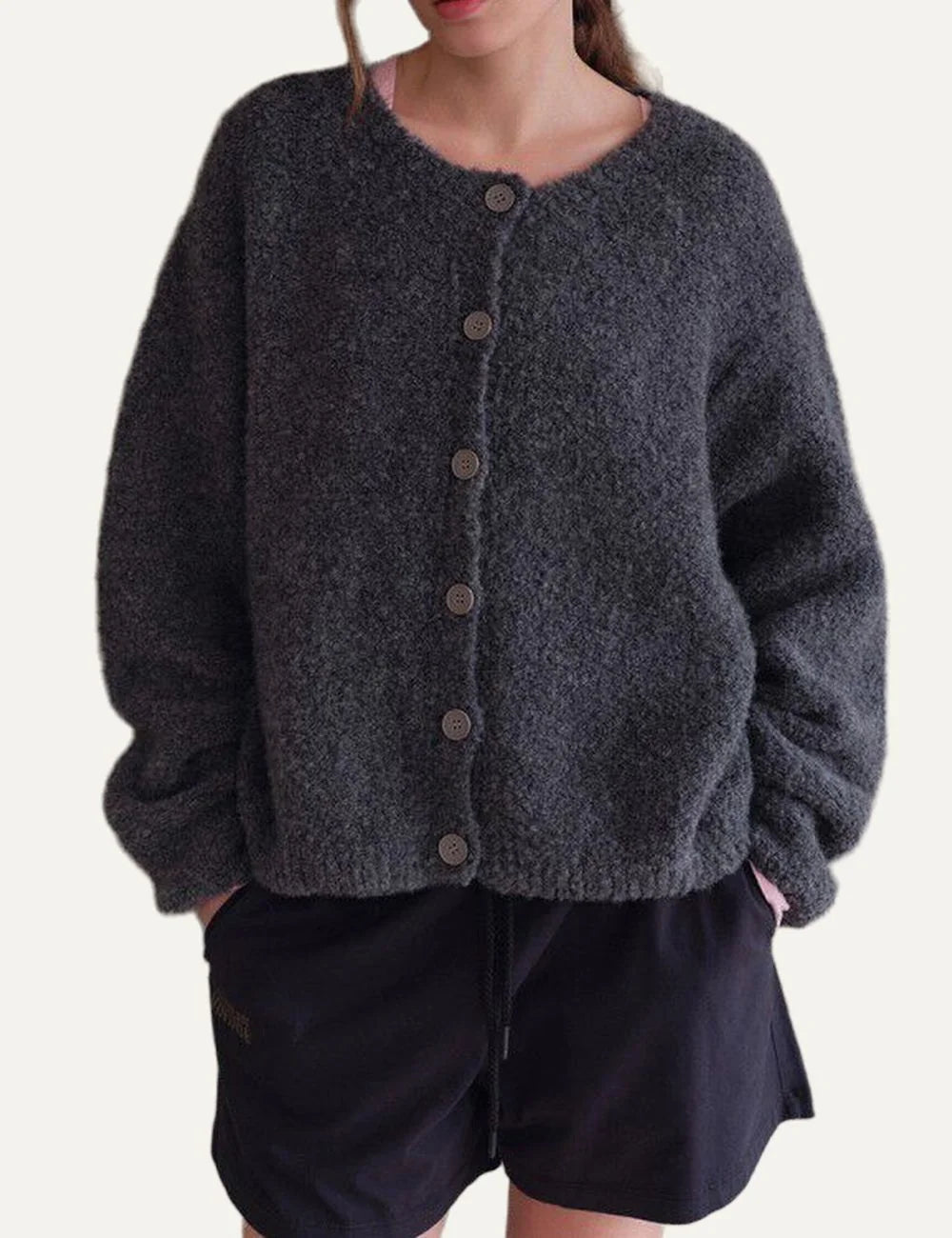 American Vintage women's dark grey bouclé cropped cardigan model