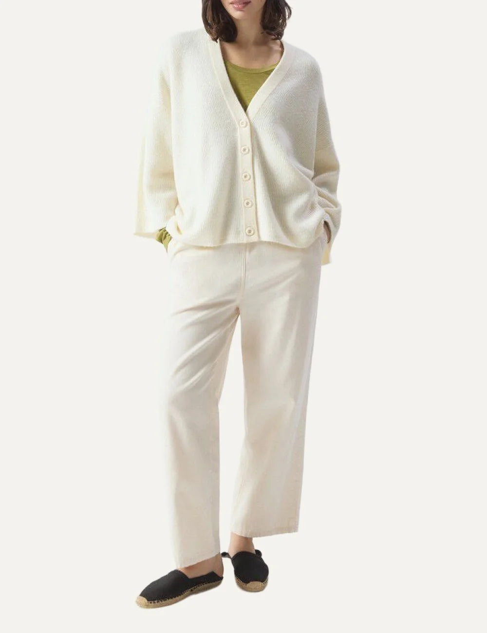 American Vintage women's ecru knit cardigan with V-neck and button closure full body