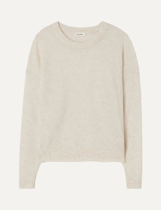 American Vintage women's ecru melange soft knit sweater with round neck and bubble sleeves