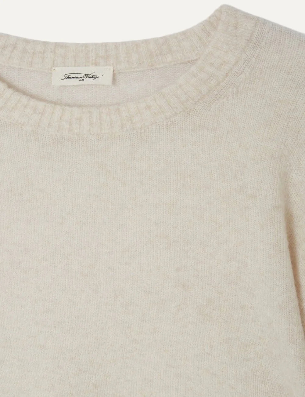 American Vintage women's ecru melange soft knit sweater with round neck and bubble sleeves detail