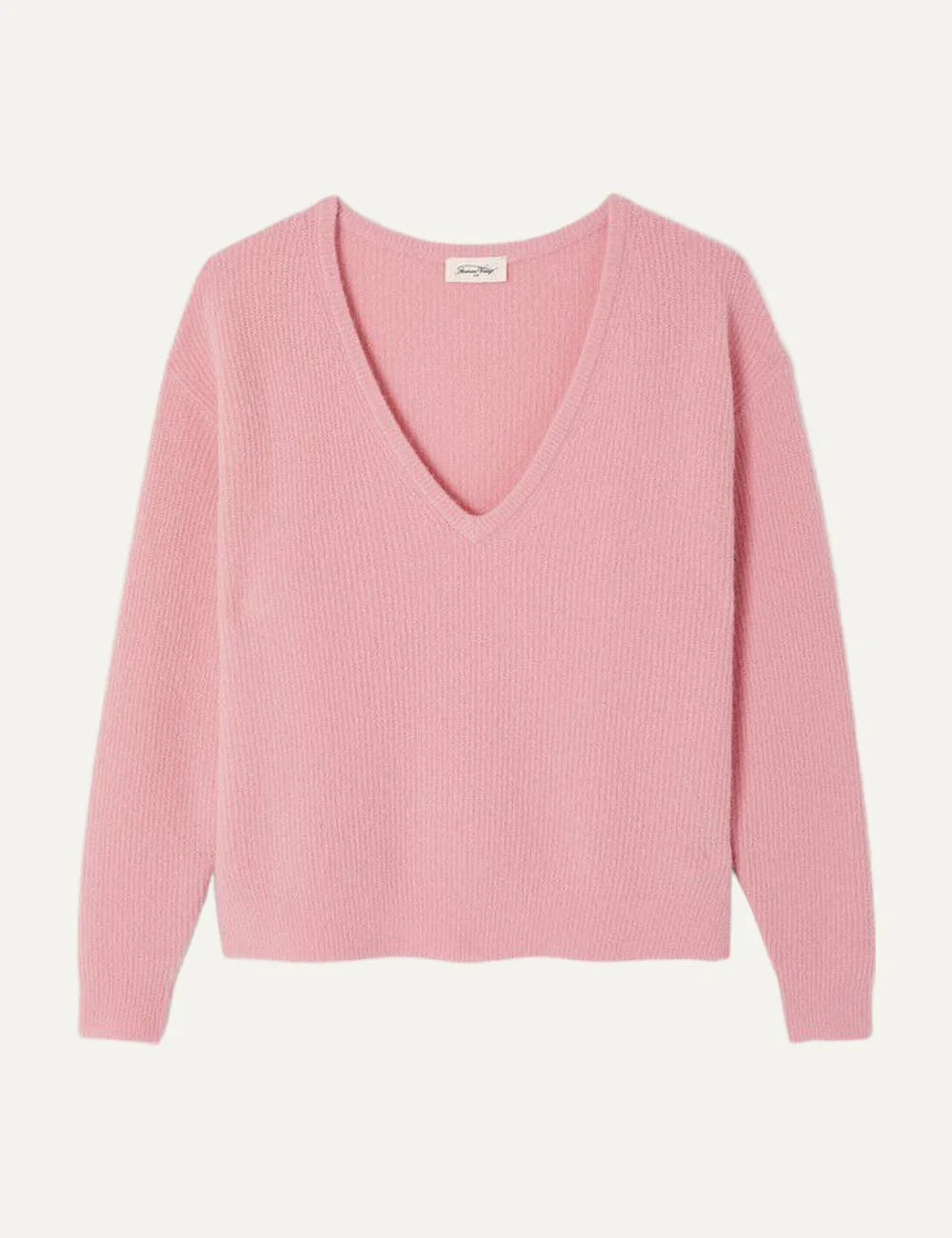 American Vintage women's pink knit sweater with V-neck and long sleeves