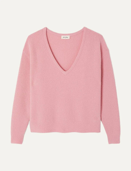 American Vintage women's pink knit sweater with V-neck and long sleeves