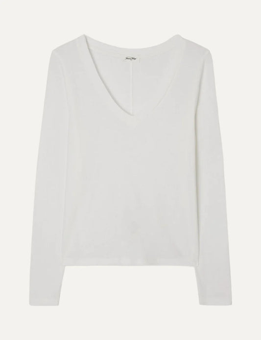 American Vintage women's white cotton long sleeve V-neck T-shirt