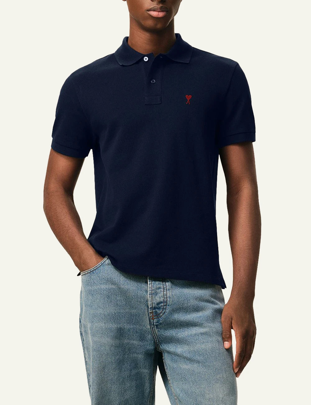 Ami Paris ADC polo shirt navy worn full body