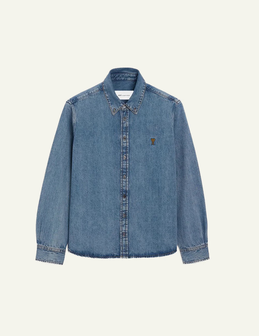 ami paris ami de coeur light indigo denim shirt tobacco logo front view