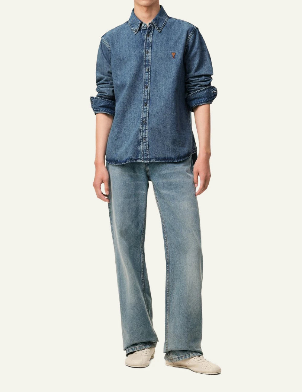 ami paris ami de coeur light indigo denim shirt tobacco logo front full body view