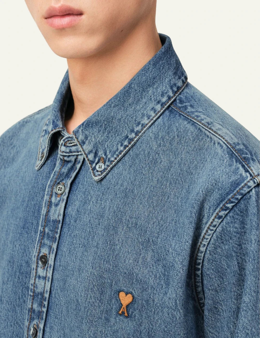 ami paris ami de coeur light indigo denim shirt tobacco logo detail view