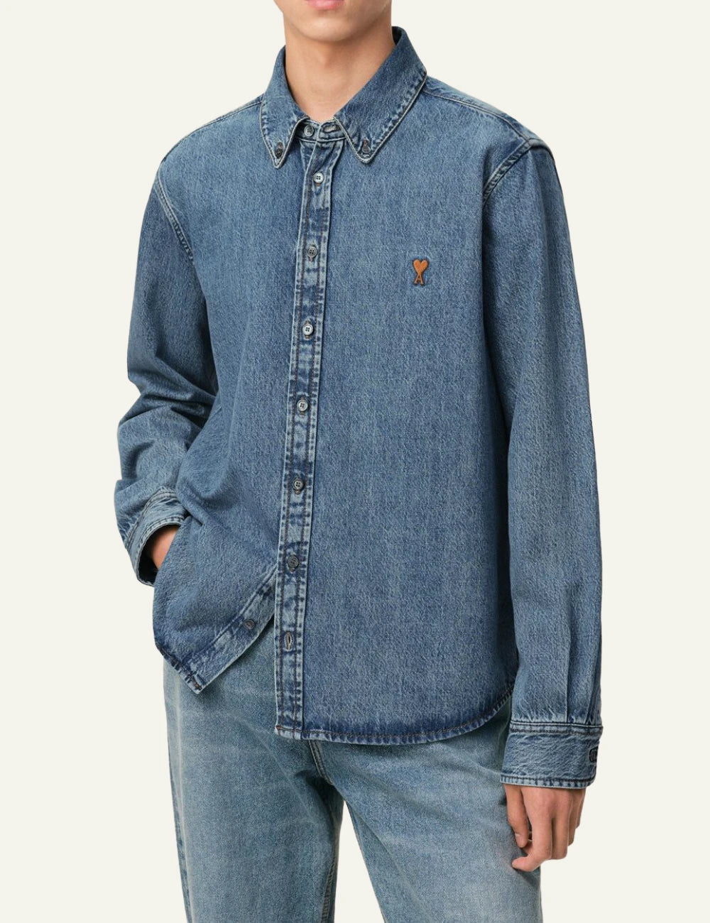 ami paris ami de coeur light indigo denim shirt tobacco logo front model view