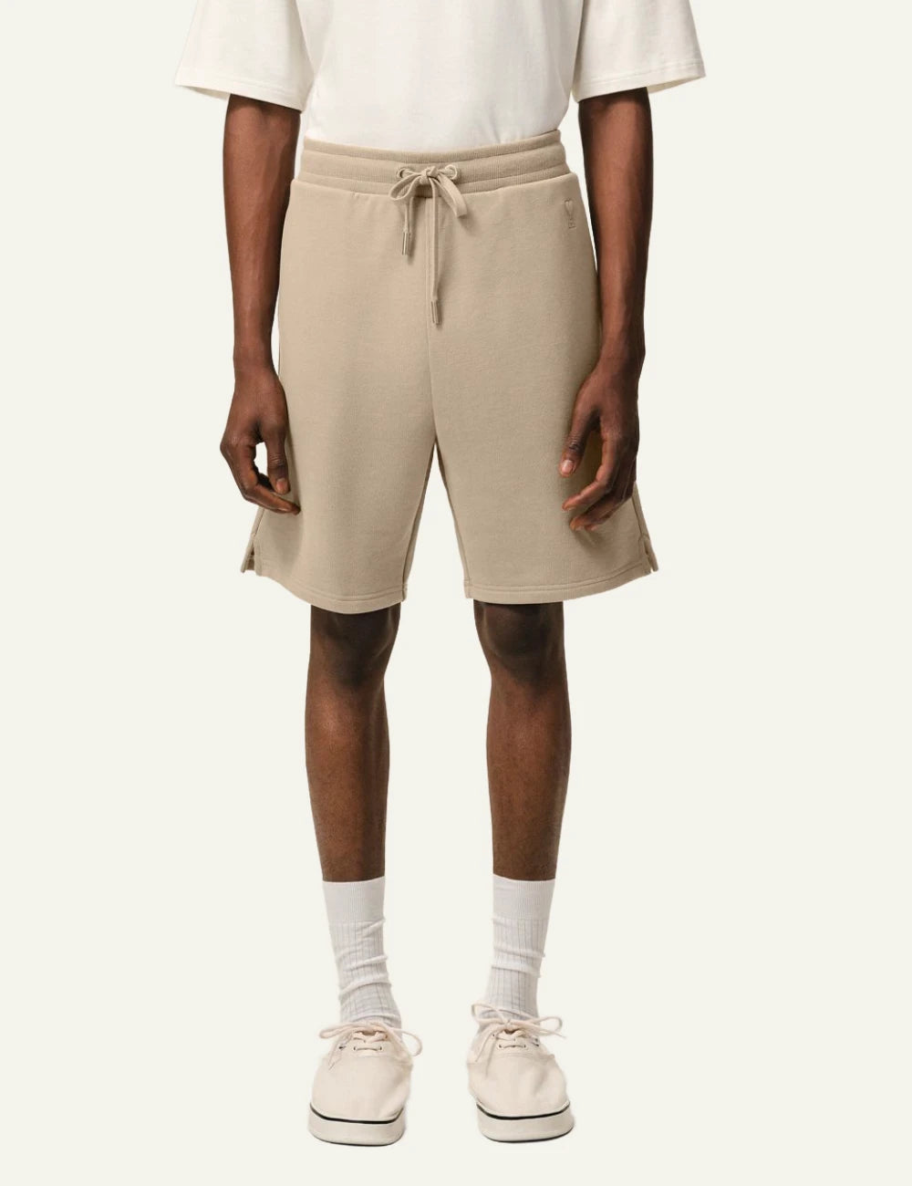 ami paris beige ami de coeur cotton fleece shorts front model view