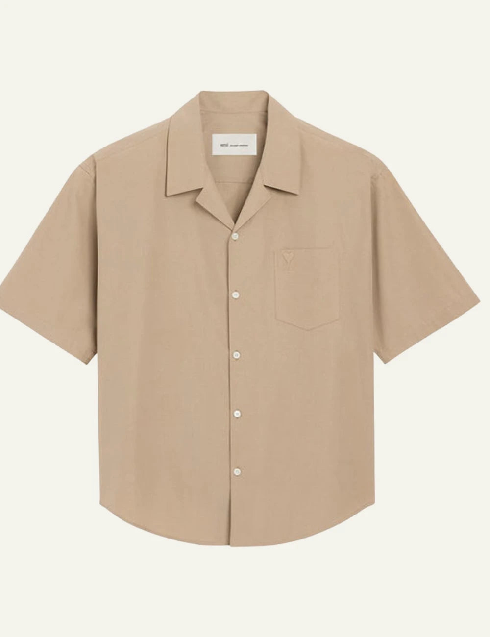 ami paris beige camp collar short sleeve shirt chest pocket front view
