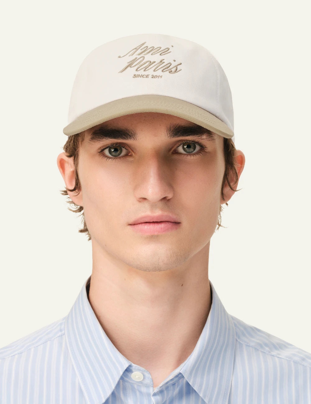 Ami Paris cap beige white bicolor cotton logo baseball front model view